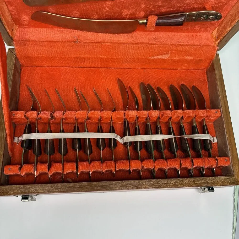 Vintage Thailand Siam Set For 8 Teak Brass Dessert Flatware w/Wooden Case
